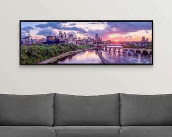 Minneapolis City Sunset | Minneapolis Skyline Panorama | Canvas Wrap | Framed Canvas Wall Art