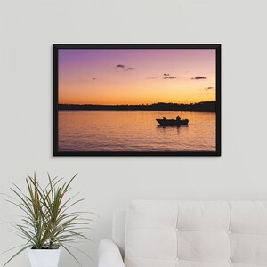 Fishing at Sunset Silhoutte | Minnesota Lake | Framed Canvas Wall Art