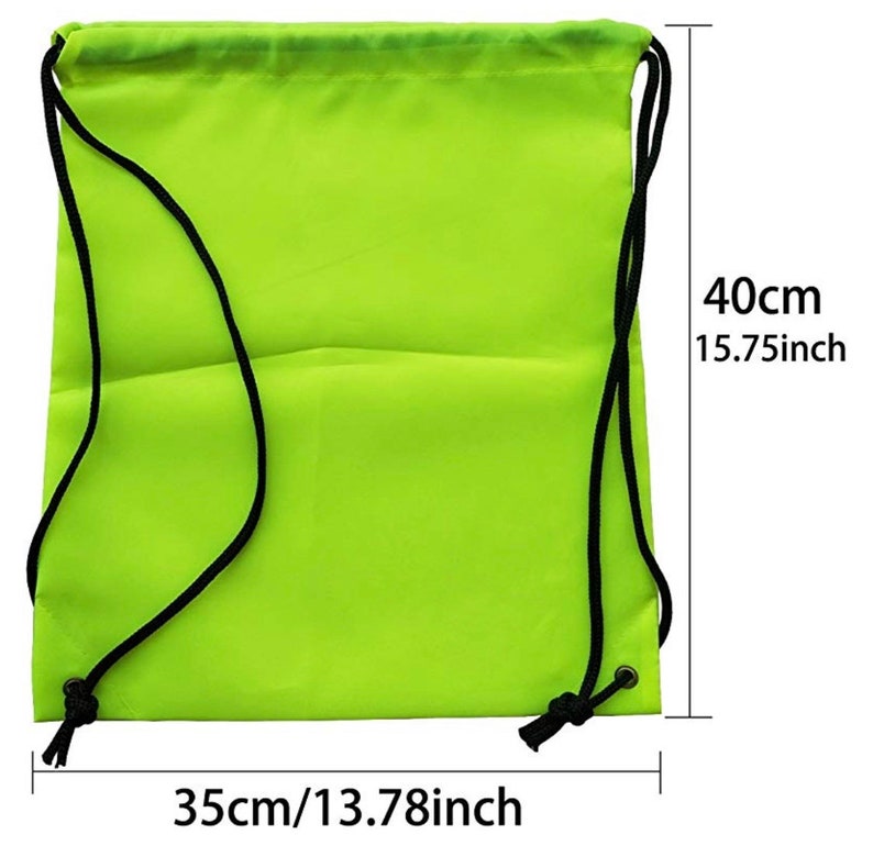 May include: A bright green drawstring bag with black drawstrings. The bag measures 15.75 inches tall and 13.78 inches wide.