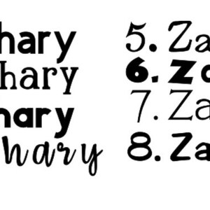 May include: A close-up of the name "Zachary" written in eight different styles of font. The name is numbered 1 through 8.