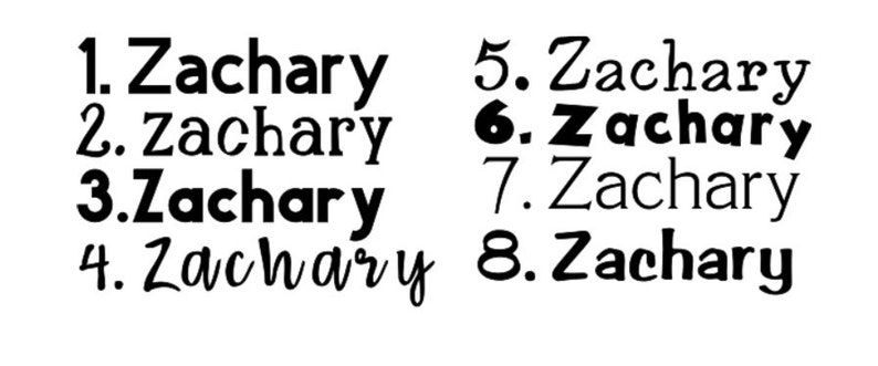May include: A close-up of the name "Zachary" written in eight different styles of font. The name is numbered 1 through 8.