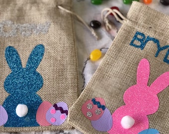 Burlap Easter Bags, Easter Bunny, Treat Bags, Bunny tails, Burlap bags, Easter Candy, Easter Eggs, Name on bags, Glitter bunny's