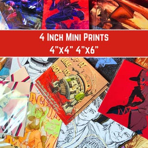 Op de afbeelding: Een verzameling van 10x10 cm en 10x15 cm mini-prints met verschillende illustraties. De prints worden op een tafel met een rode achtergrond weergegeven. De tekst "4 INCH MINI PRINTS 4"x4" 4"x6"" is bovenaan de afbeelding zichtbaar.