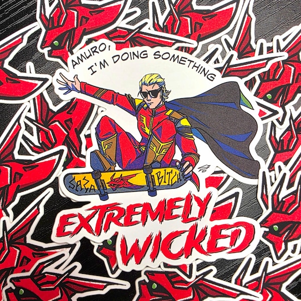 Extremely Wicked - Skateboarding Char Aznable Gundam Sazabi Vinyl Stickers