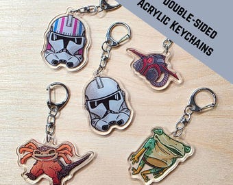 Wave 2 - 2 Inch Clear Double Sided Acrylic Keychains - High Republic Nihil Survivor Frog Outlaws Clone Wars Helmets