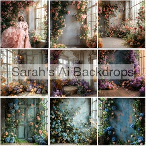 May include: A collection of nine digital backdrops featuring floral arrangements with various colors and textures. The backdrops include a white wall with vines, a blue wall with vines, a wooden door with vines, and a room with a window and vines.