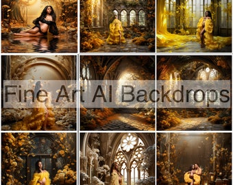 Neun gelbe Fantasy Zimmer / Burg Set, digitale Kulissen, Mutterschaft Kulissen, Studio Kulissen, digitale Hintergründe, Fotografie Hintergründe
