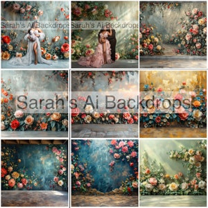 NINE Floral Wall Fantasy Digital Backdrops, Maternity Backdrops, Studio Backdrops, Digital Backgrounds, Photography Backgrounds, Pink, blue