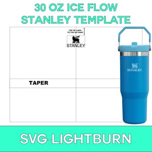 Peut inclure: Un modèle pour personnaliser un gobelet isotherme Stanley Ice Flow bleu de 30 onces. Le modèle comprend un espace pour un logo et le texte "TAPER" en bas.