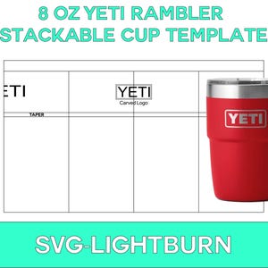 Puede incluir: Una plantilla para una taza apilable Yeti Rambler de 8 oz. La plantilla está dividida en cuatro secciones, con las palabras "ETI" y "TAPER" en la sección superior izquierda, y la palabra "YETI" y las palabras "Carved Logo" en la sección superior derecha. La sección inferior contiene las palabras "SVG-LIGHTBURN".