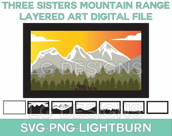 Archivo cortado con láser 3D de la Montaña de las Tres Hermanas: Paisaje en capas SVG PNG
