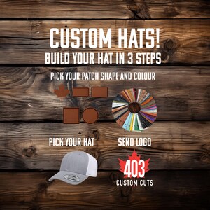 May include: Image promoting custom hats. Text reads "CUSTOM HATS! BUILD YOUR HAT IN 3 STEPS." Steps include picking patch shape and colour, hat style, and sending a logo. A grey and white hat is shown. The image also includes "403 CUSTOM CUTS."