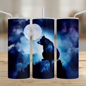 Bleu nuit lune ours 20 oz sans couture gobelet skinny sublimation wrap design PNG, thème camping nature sauvage faune