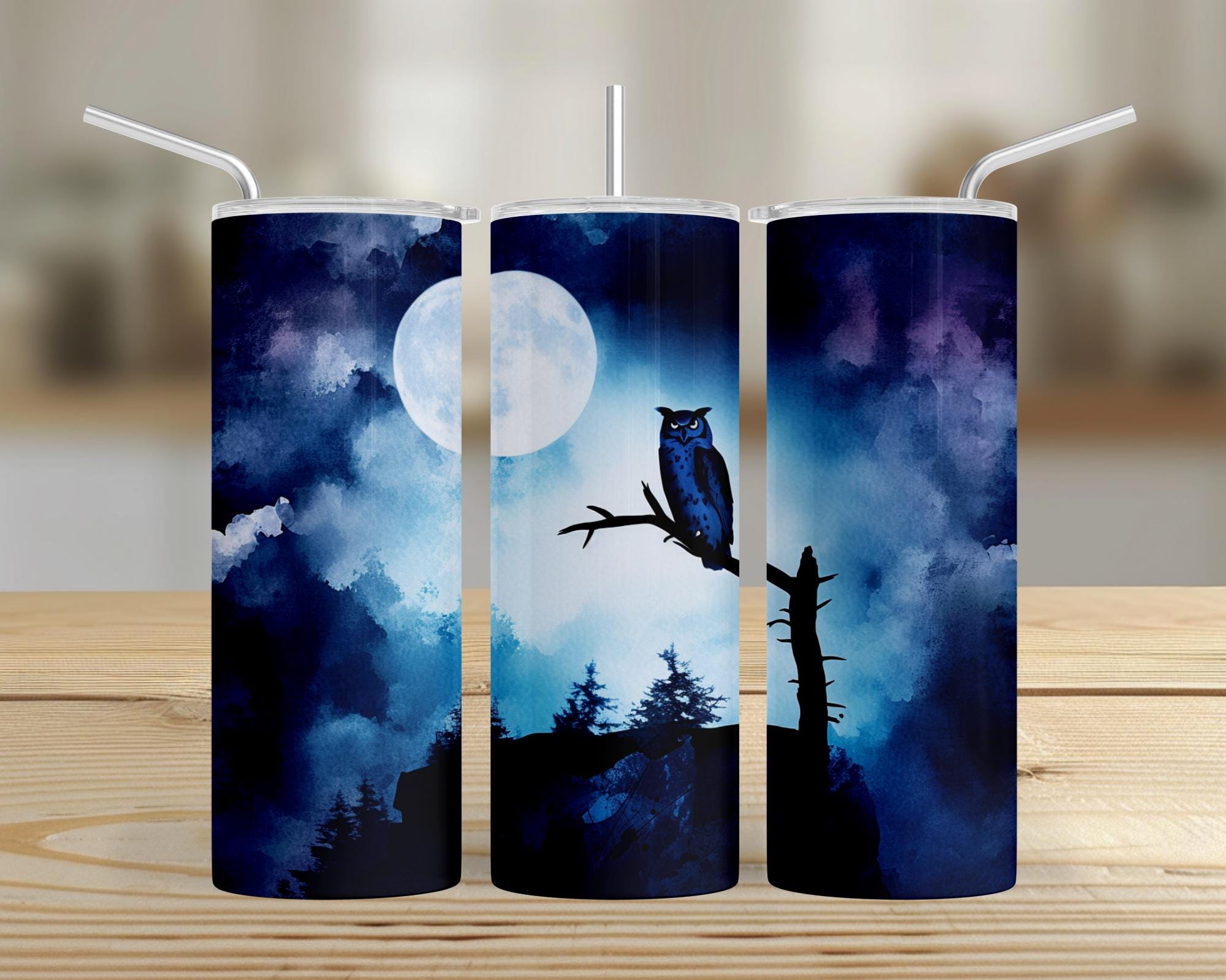 Blue Moon Night Owl 20oz Seamless Skinny Tumbler Sublimation Wrap Design PNG, Nature Wilderness Wild