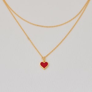 Personalized Double Chain Enamel Heart Necklace • Red Pink Navy Heart Choker • Love Necklace • Anniversary Gift • Christmas Gift for Her 281