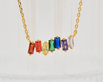 Rainbow Scatter Baguette Diamond Necklace • Minimalist Bar Necklace • Multi Color Crystal • Chakra Necklace • Gift For Her Layering Necklace