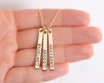Mother&#39;s Day Mommy Necklace, Baby Kids Name Vertical Bar, Personalized Engraved Bar, Mom Grandma Mama Necklace,Gift Idea for Christmas 086-1