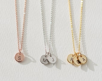 Custom Initial Disc Necklace/ Engraved Letter Necklace, Rose Gold Coin Disk Tag, Personalized Name Necklace, Teen Aunt Grandma Mom Gift 053