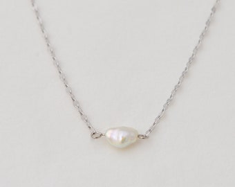 Dainty Single Floating Freshwater Pearl Choker on Sparkle Chain • Minimalist Wedding • June Birthstone • Stacking Set • Bridesmaid Necklace