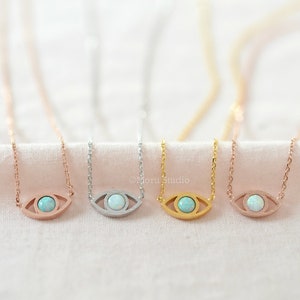 Dainty Opal Evil Eye Necklace + Initial Coin Tag/ Blue Mint Opal, Gold Layering Necklace Lucky Eye Necklace Graduation Birthday Gift 210