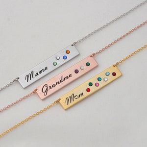 Custom Engraved Birthstone Bar Necklace for Mom • Birthstone Necklace for Mama Grandma Aunt • Personalized Gifts • Name Bar Necklace 230-2