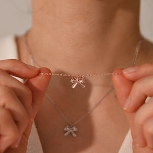 Petite Bow Pendant Necklace • Dainty Ribbon Charm wth Custom Initial Tag & Birthstone • Perfect Gift for Women, Bridesmaid • Wedding Jewelry