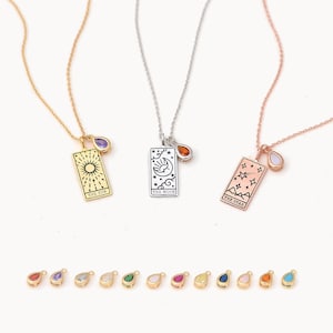 Collar de carta del tarot con piedra de nacimiento/ Fortuna • Estrella • Mundo • Sol • Luna • Corazón • Sabiduría • Fuerza/ Joyería con piedra de nacimiento en forma de lágrima