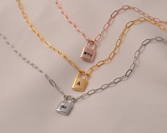 Personalized Lock Pendant Necklace: Engravable Initial Paperclip Chain