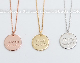 Personalized Coordinates Disc Necklace/Custom Latitude&Longitude Disc Tag, Disk Necklace, Hand Stamped, Location Necklace Moru NCR104