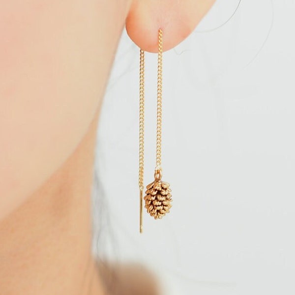 Dainty PineCone Chain Earrings, Leaf Threader Earrings, Personalized Pine Cone Earrings, Initial Leaf, Ear Threader, Pinecone Jewelry 144