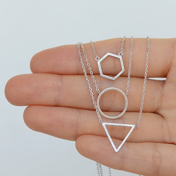 Dainty Geometric Outline Necklace - Open Circle, Hexagon, Triangle Necklace. Gold,Silver,Rose Gold. Delicate Dainty Layering Necklace NBB056