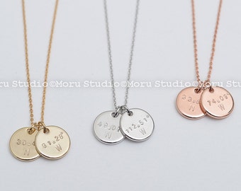 Coordinates Disc Necklace/ Custom Latitude & Longitude Disc Tags, Personalized Disk Necklace, Hand Stamped, Location Necklace Moru NCR102
