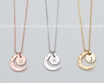 I Love You to the Moon & Back Necklace, Crescent Moon and Initial Disc, Minimalist, Wedding Gift, Bridal Shower, Gift for Her, NCR120