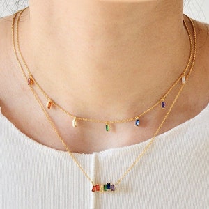 Rainbow Baguette Diamond Station Necklace • Dainty Crystal Charm Necklace • Multicolored Layering Necklace • Mom Gift • Summer Jewelry