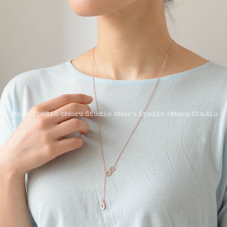 Dainty Infinity Drop Necklace With Stamped Initial Leaf Etsy