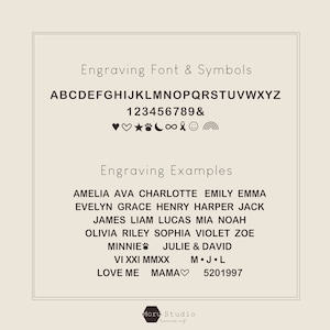 May include: A beige graphic with examples of engraving fonts and symbols. The text includes the alphabet, numbers, and symbols like hearts, stars, and infinity. Examples of engraved names and phrases are also shown.