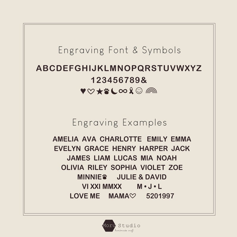May include: A beige graphic with examples of engraving fonts and symbols. The text includes the alphabet, numbers, and symbols like hearts, stars, and infinity. Examples of engraved names and phrases are also shown.