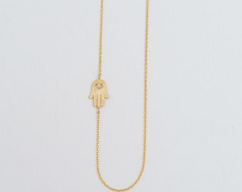 Side Hamsa Necklace, Gold Tiny Hamsa Necklace, Off centered Hamsa, Hand of Fatima Necklace, Evil Eye, Delicate Thin Gold Necklace  NCR128