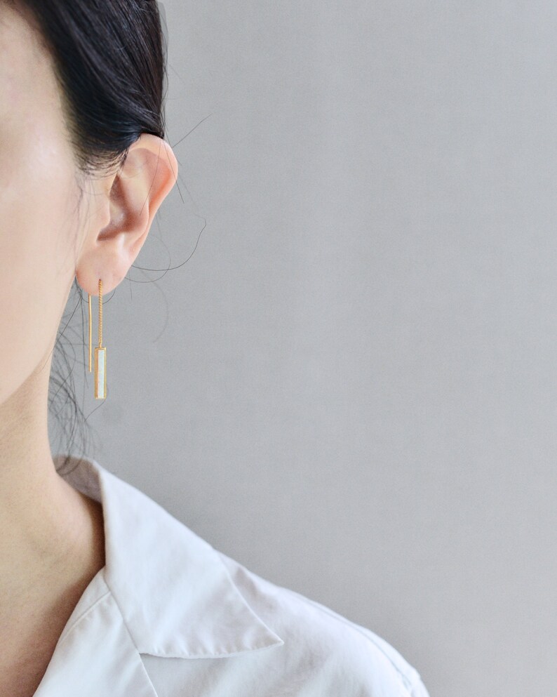 Rectangle Opal Chain Earrings • Blue Opal • White Opal • Gold Bar Earrings • Opal Earrings • Ear Threader October Jewelry • Gift For Her 266 image 7
