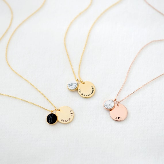 Custom Black White Round Gemstone Necklace Personalized Marble