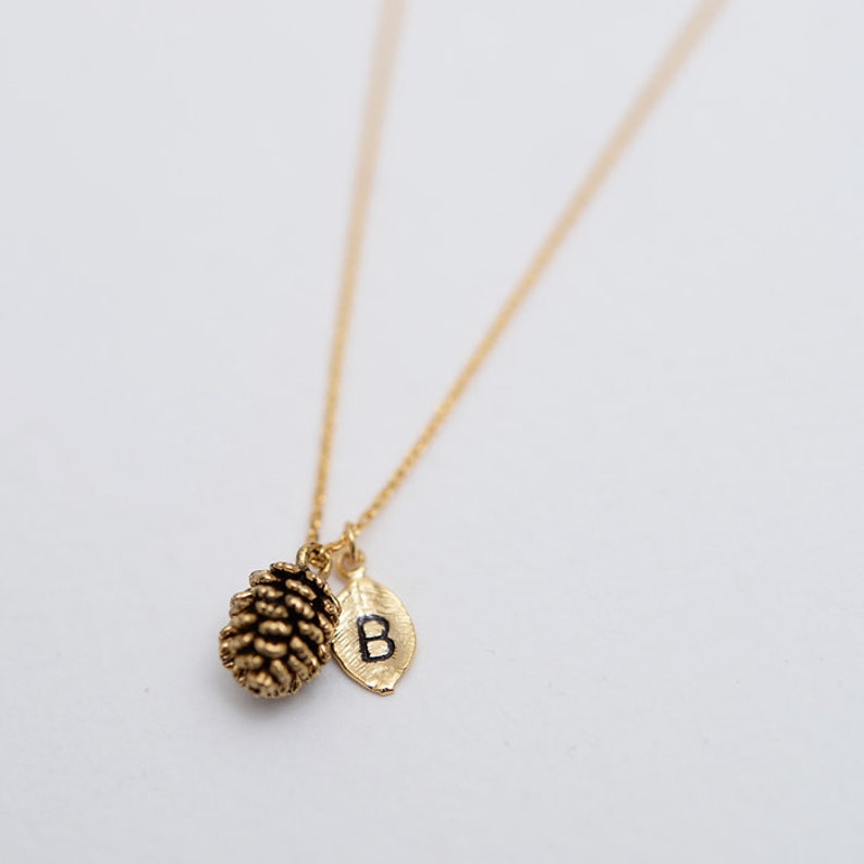 Dainty Pinecone Necklace, Initial Leaf Necklace, Mini Pinecone, Pine Cone Necklace,Nature Jewelry, Nature Necklace, Gold,Rose,Minimalist 048 image 2