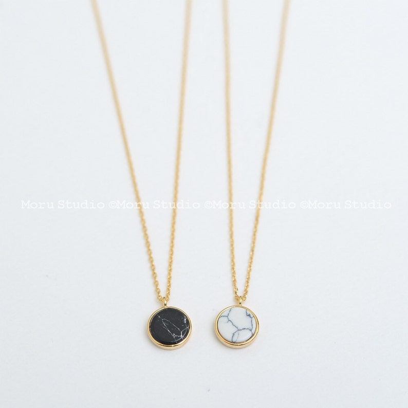 Custom Black & White Round Gemstone Necklace/ Personalized Marble Stone Necklace, Black Stone, Engraved Disk Tag, Name Disc Necklace 123 image 8