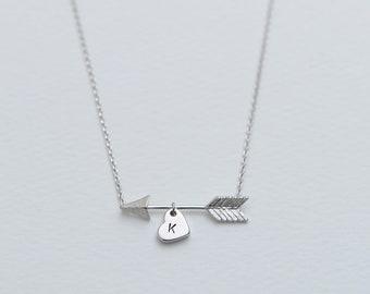 Personalized Arrow Necklace with Initial Heart - Heart with Initial/ Personalized, Hand Stamped, Sideways Arrow, Minimalist Jewelry NBB072-2