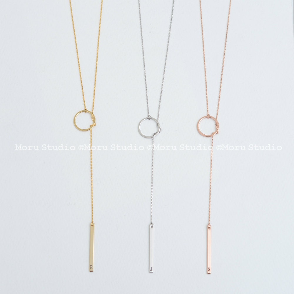 Custom Initial Bar Drop Necklace Lariat Necklace Drop Ring Etsy