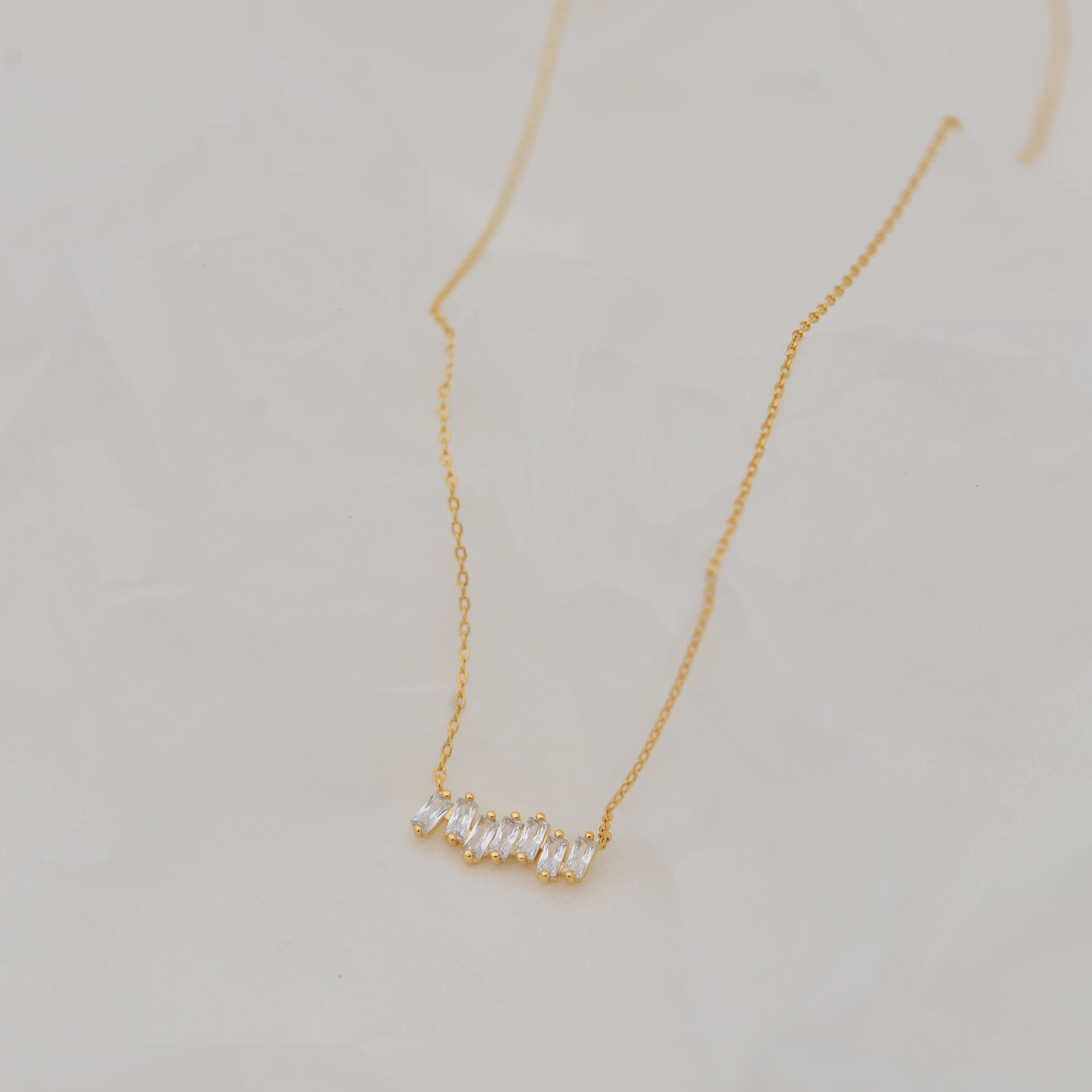Scatter Baguette Diamond Bar Necklace • Minimalist Bar Necklace • Crystal Necklace • Layering Necklace • Anniversary Gift • Gift For Her