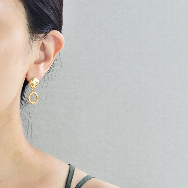 Gold Silver Organic Donut Ring Drop Earrings • Nugget Earrings • Pebble Earrings • Organic Circle • Dangle Drop Hoops • Minimalist 276