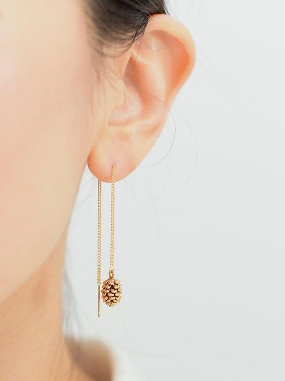 Dainty PineCone Chain Earrings, Leaf Threader Earrings, Personalized Pine Cone Earrings, Initial Leaf, Ear Threader, Pinecone Jewelry 144