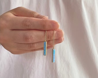 Rectangle Opal Chain Earrings • Blue Opal • White Opal • Gold Bar Earrings • Opal Earrings • Ear Threader October Jewelry • Gift For Her 266