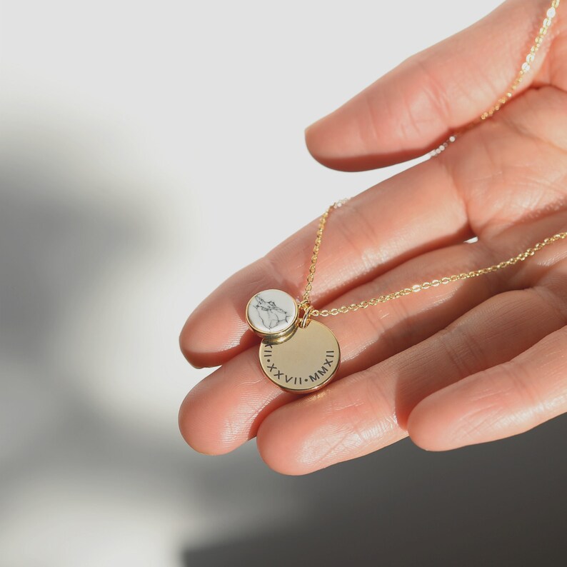Custom Black & White Round Gemstone Necklace/ Personalized Marble Stone Necklace, Black Stone, Engraved Disk Tag, Name Disc Necklace 123 image 2