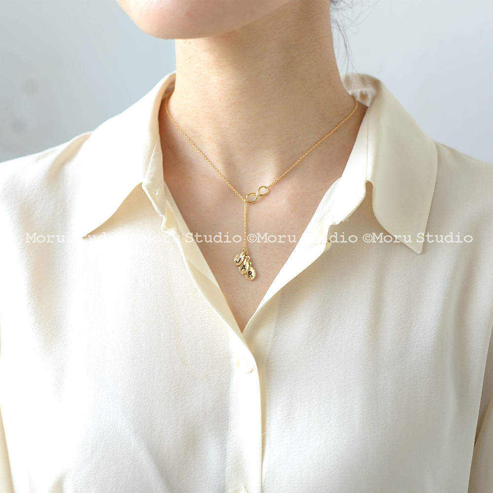 Dainty Infinity Drop Necklace With Stamped Initial Leaf Etsy